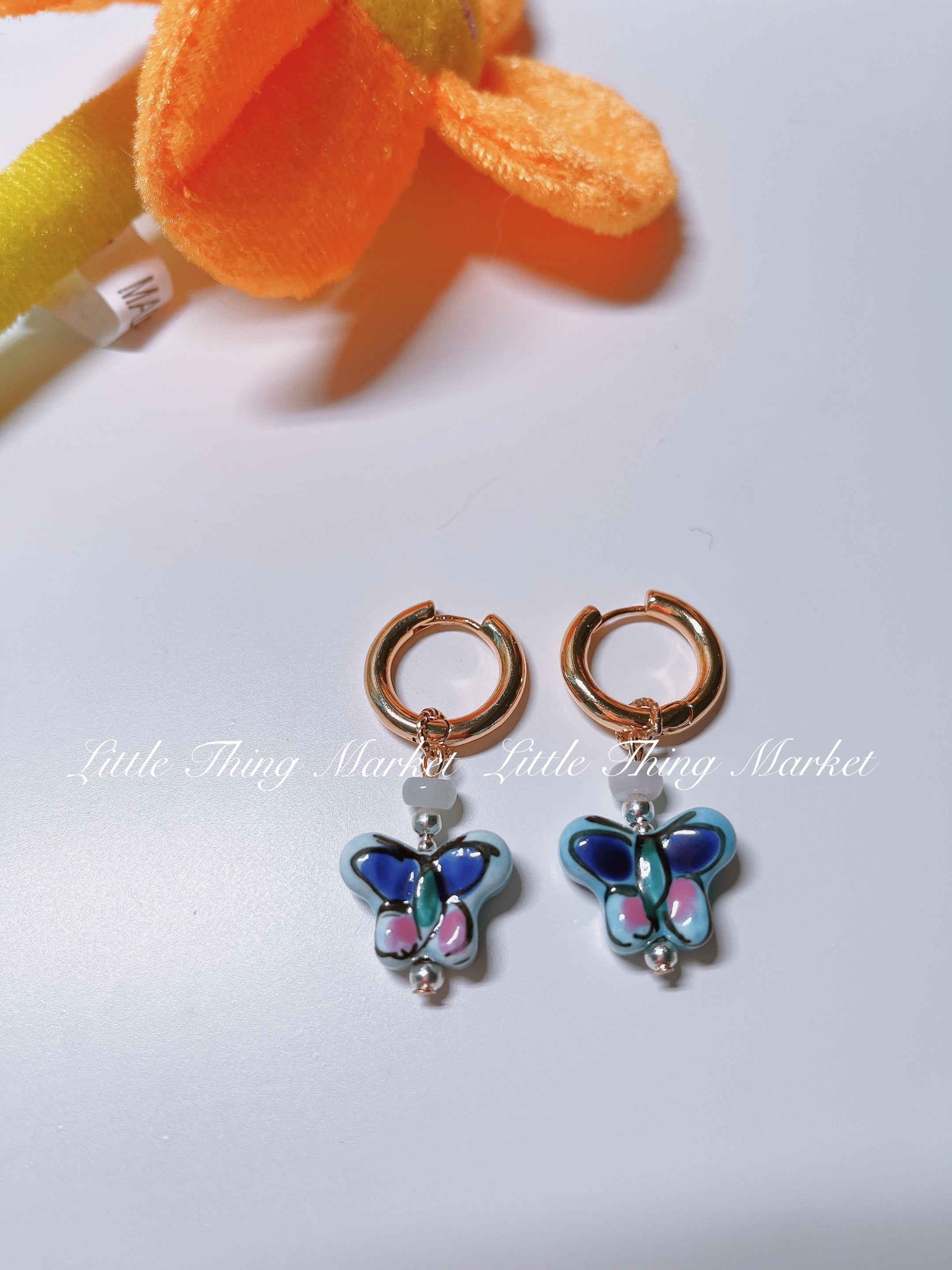 Ceramic Butterfly & Jade Hoop Earrings/ Pair