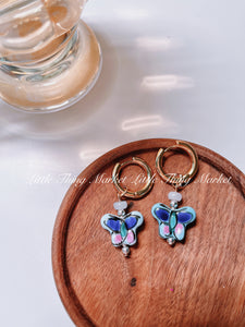 Ceramic Butterfly & Jade Hoop Earrings/ Pair